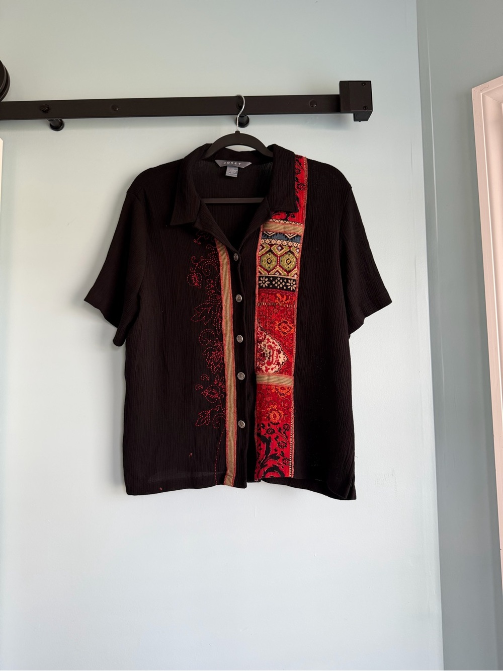 Koret Women’s XL Black Button Front Blouse Boho Patchwork Embroidered Top
